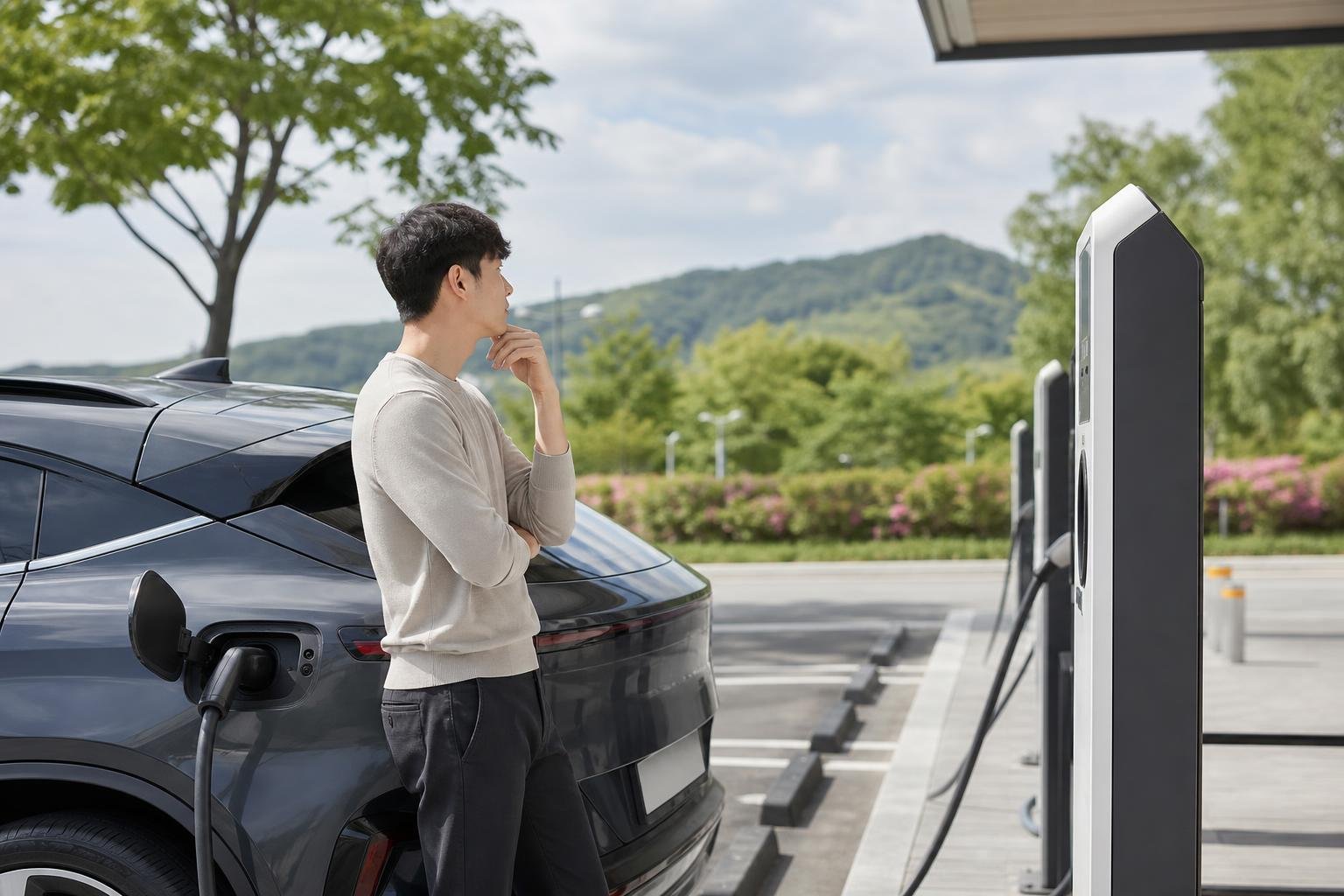 전기차 운전자가 출발 전 충전소 출력과 요금을 비교해 경로를 계획하는 장면